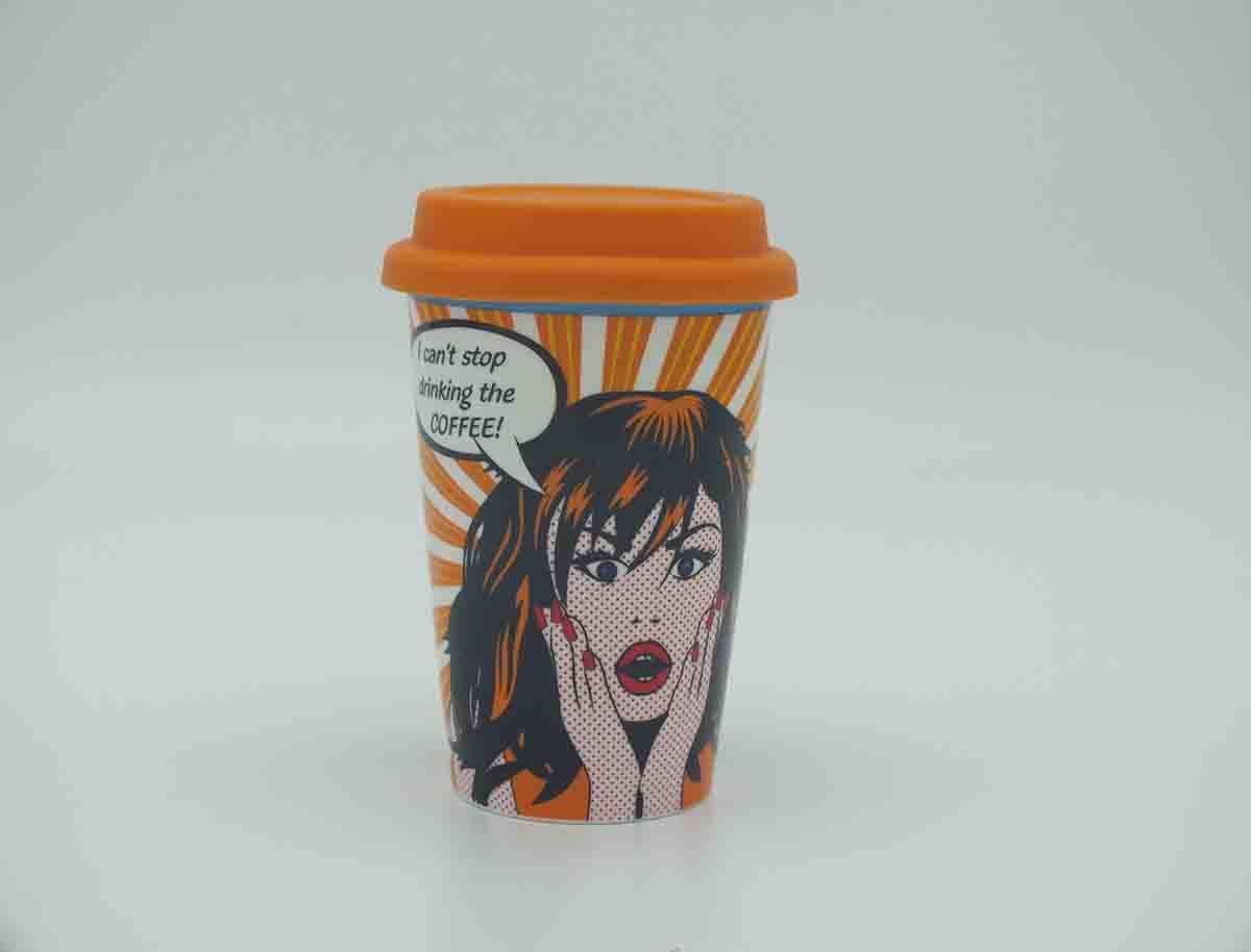 Pop Art Comic Girl Ceramic Travel Mug with Yellow Silicone Lid - Image 5