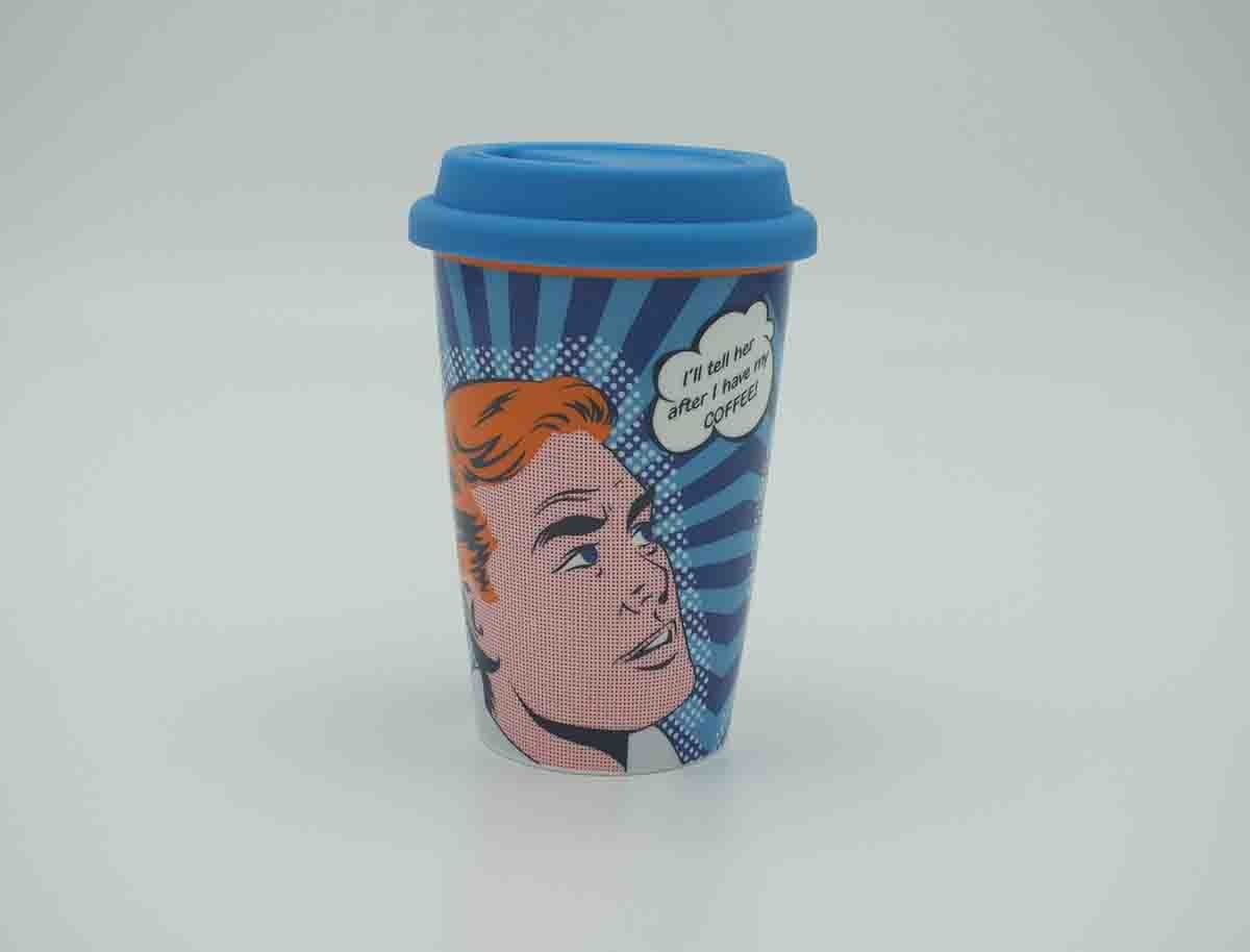 Pop Art Comic Girl Ceramic Travel Mug with Yellow Silicone Lid - Image 6