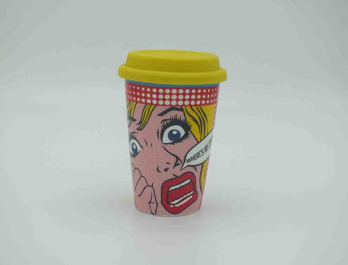 Pop Art Comic Girl Ceramic Travel Mug with Yellow Silicone Lid - Image 7