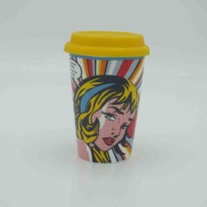 Pop Art Comic Girl Ceramic Travel Mug with Yellow Silicone Lid