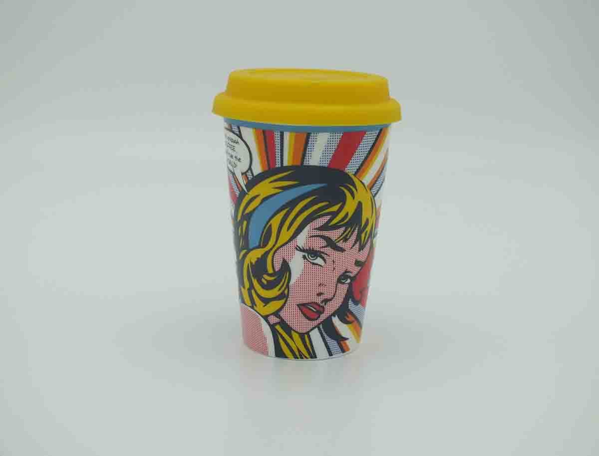 Pop Art Comic Girl Ceramic Travel Mug with Yellow Silicone Lid