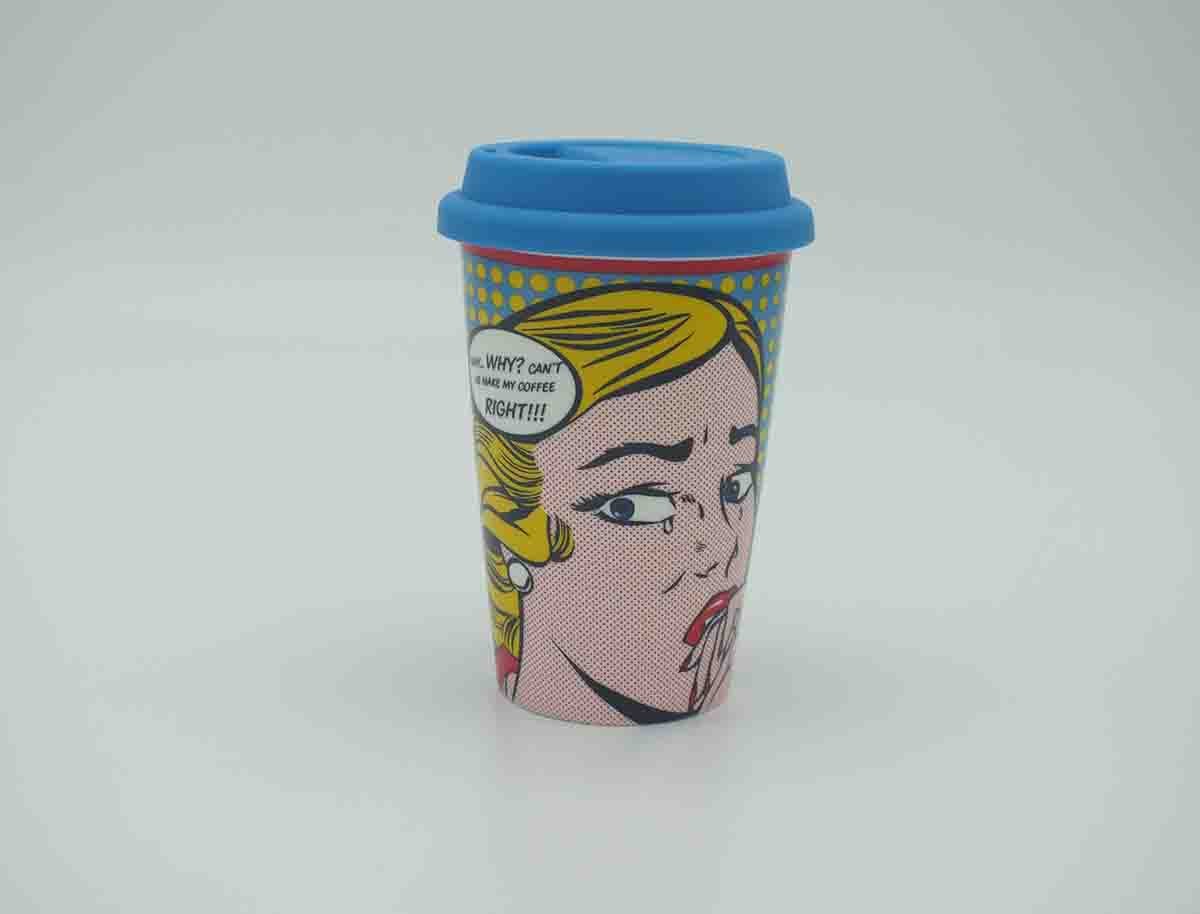 Pop Art Comic Girl Ceramic Travel Mug with Yellow Silicone Lid - Image 2