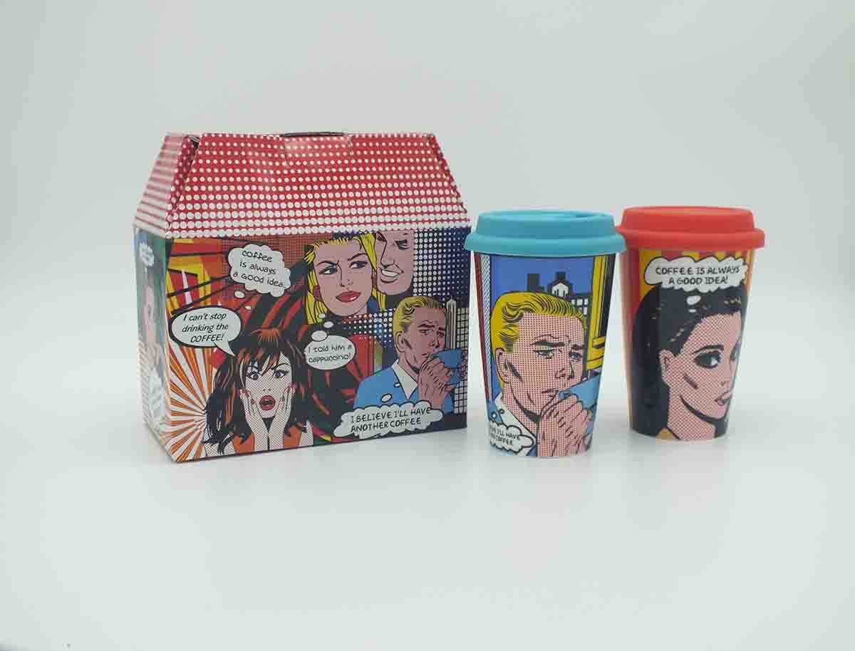 Pop Art Comic Girl Ceramic Travel Mug with Yellow Silicone Lid - Image 3