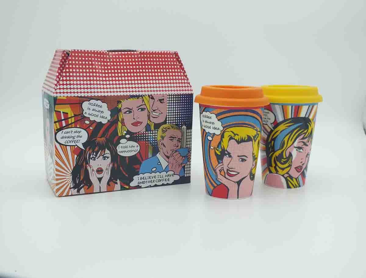 Pop Art Comic Girl Ceramic Travel Mug with Yellow Silicone Lid - Image 4